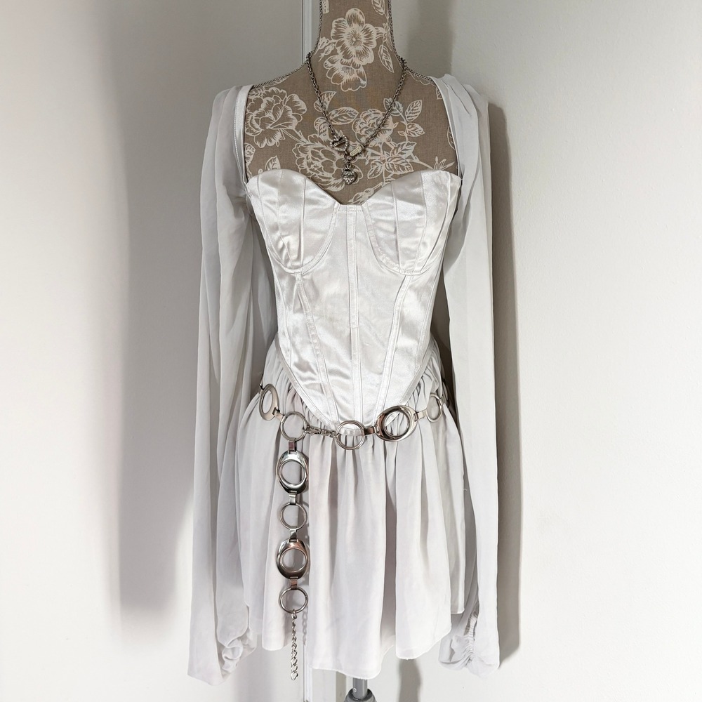 White Corset Mini Dress Satin Bodice Long Balloon Sleeve Large